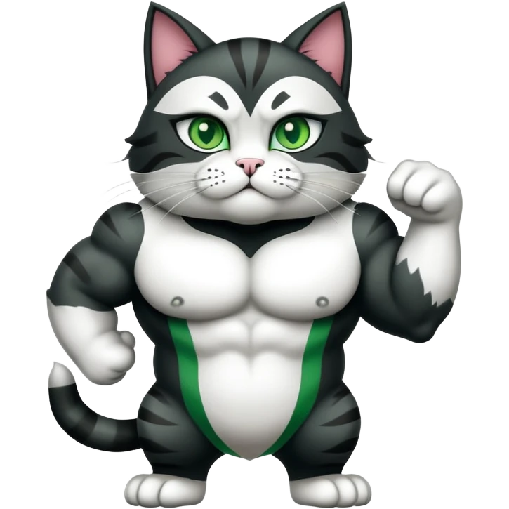 Jacked up Huge jumbo Super Duper Muscular Cat with a 10 pack full body black and white body and green eyes  emoji