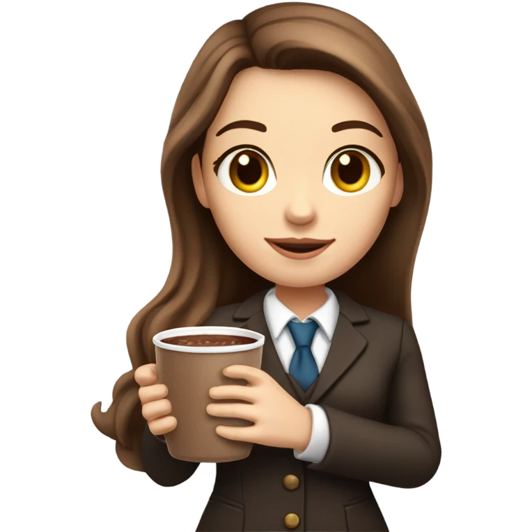 white girl with brown long hair and a hot chocolate she is a teacher emoji