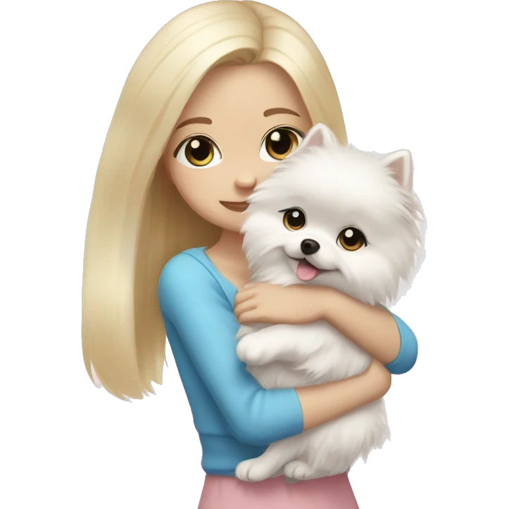 Blond girl white skin blue eyes hugging white Pomeranian with light pink bow emoji