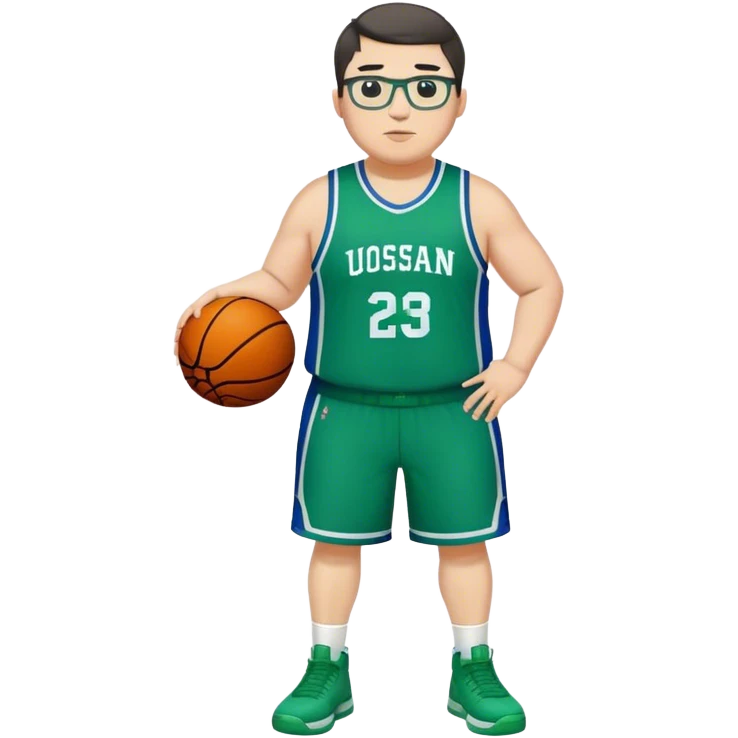 Full Body plus size white male with dark short hair basketball player wearing glasses wearing blue green uniform emoji