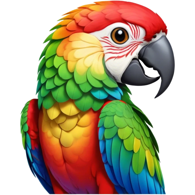Cinematic Noble Macaw Portrait Emoji, Poised and regal, with vibrant, iridescent feathers in a spectrum of brilliant colors and sharp, intelligent eyes, Simplified yet sharp and sophisticated features, highly detailed, glowing with a soft, tropical radiance, high shine, majestic and graceful, stylized with an air of exotic elegance, focused and alert, soft glowing outline, capturing the essence of a watchful and confident avian guardian that seems ready to soar out of the screen with effortless authority! emoji