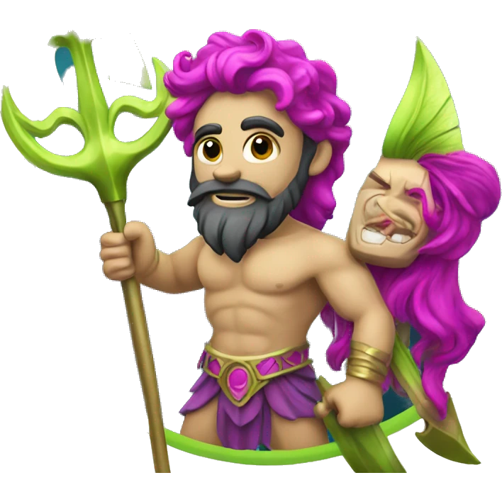 poseidon with magenta and lime hair. holding a trident. emoji