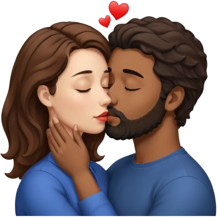 White woman (brown hair with eyes closed) kissing the top of the head (forehead) of brown man with black wavy hair (has a a beard with his eyes closed too). Woman has her lips to the forehead of the man, kissing him. emoji