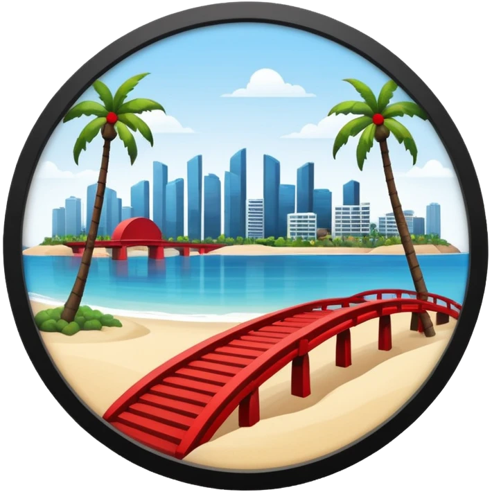 a circle island with modern buildings, a beach with palm trees and a red bridge in the back  emoji