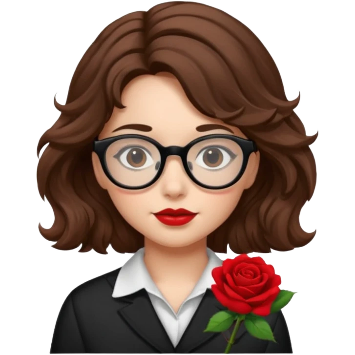 Una ragazza con capelli castani mossi e indossi occhiali neri e con una piccola rosa nella testa emoji