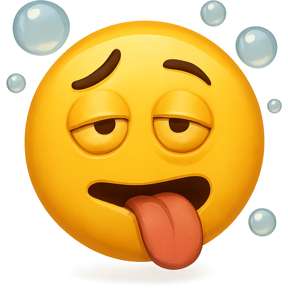 yellow face with tongue out, one eyebrow raised, bubbles, drunk expression emoji