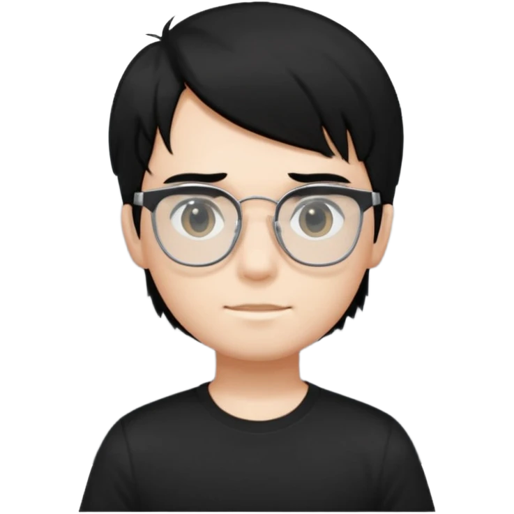 a boy wearing black t-shirts with the letters 'EDG', has fluffy short black hair and silver rectangular glasses emoji