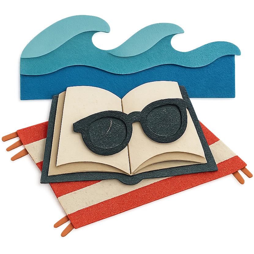 open book on a beach towel, with sunglasses and ocean waves in the background, paper-craft style emoji