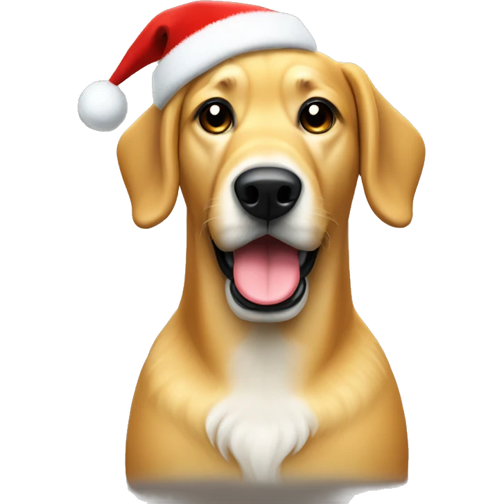 Large Golden dog with skinny snout and black mouth in a Christmas Sweater and hat emoji