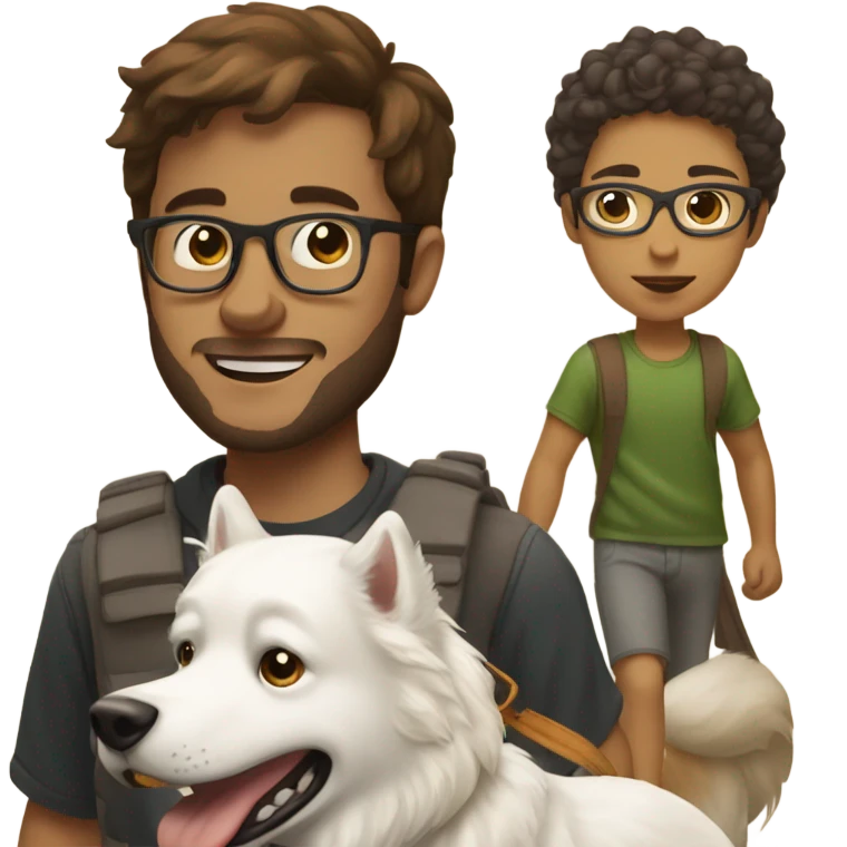 Brown haired man with glasses, walking a white husky and a golden retriever emoji
