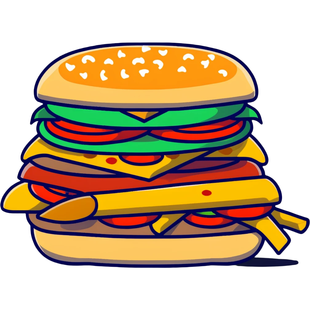 A burger with pizza toppings, french fries sticking out the sides, and apple slices as garnish emoji