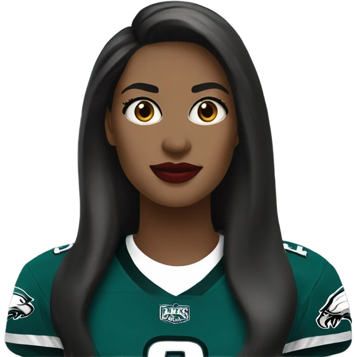 White female long dark hair red lips wearing Philadelphia Eagles jersey emoji
