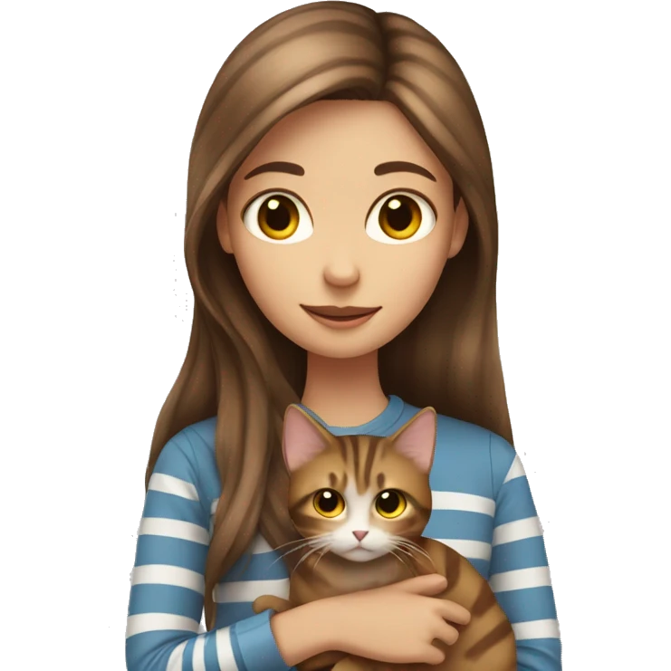 Girl with long brown hair holding a striped cat emoji