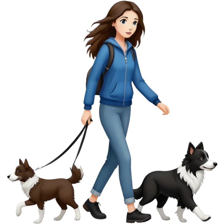 A beautiful girl with long brown hair walks a black and white Border Collie emoji
