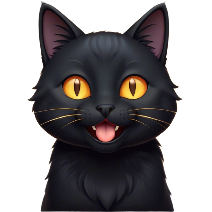 Cinematic Cute Black Cat Portrait Emoji, Head tilted playfully and yawning, sleek black fur with subtle hints of dark gray, Simplified yet adorable features, highly detailed, glowing with a warm, friendly glow, high shine, curious and affectionate, stylized with a touch of whimsy, bright and alert, soft glowing outline, capturing the essence of a mischievous yet loving kitten, so endearing it feels like it could leap out of the screen and stretch! emoji