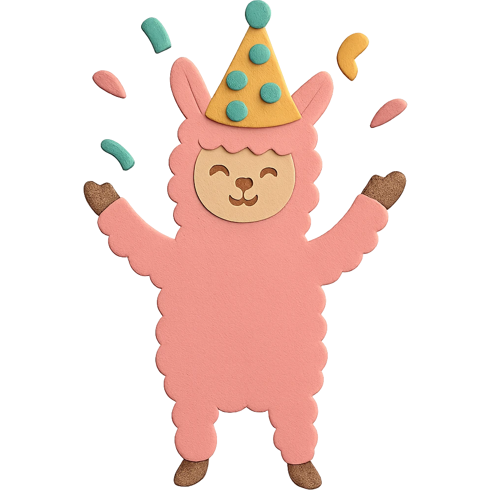Edit to full-body pink alpaca wearing a polka-dot party hat, throwing confetti, keep the festive and cheerful vibe emoji