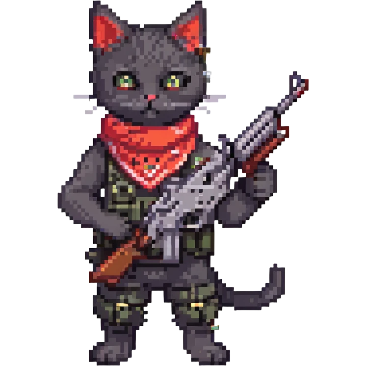 a little black cat with two machineguns and a red bandana, he's just blasting!
 emoji