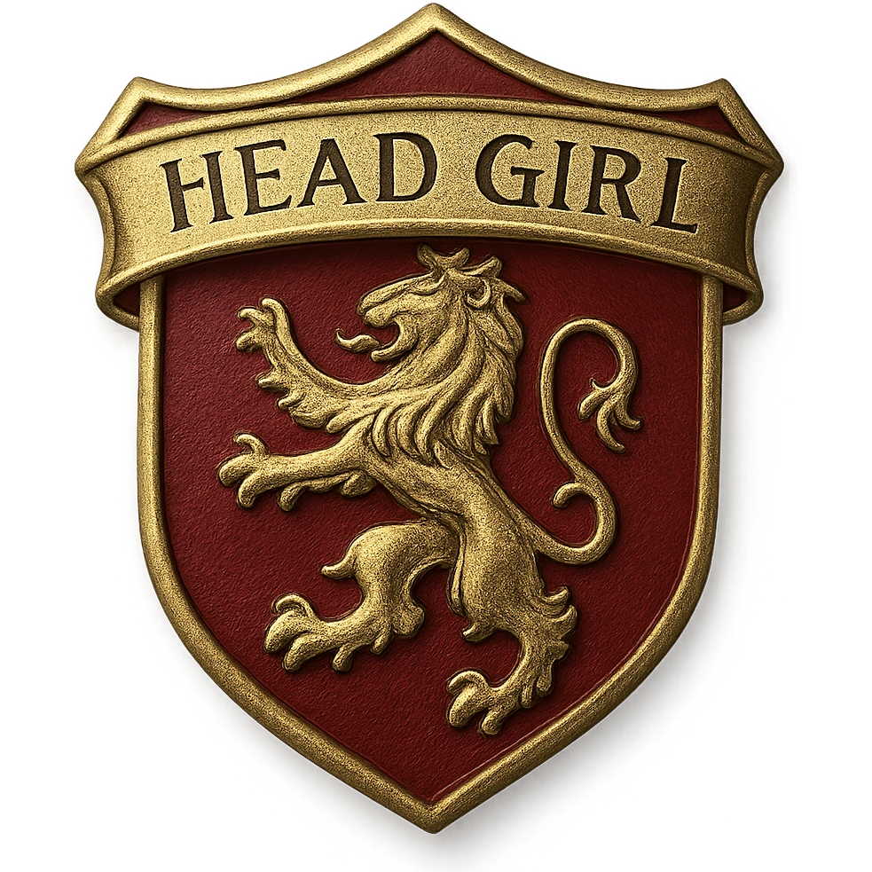 realistic Gryffindor head girl badge with no people, featuring a detailed lion emblem, the words 'Head Girl', Gryffindor's scarlet and gold colors, polished metallic style emoji
