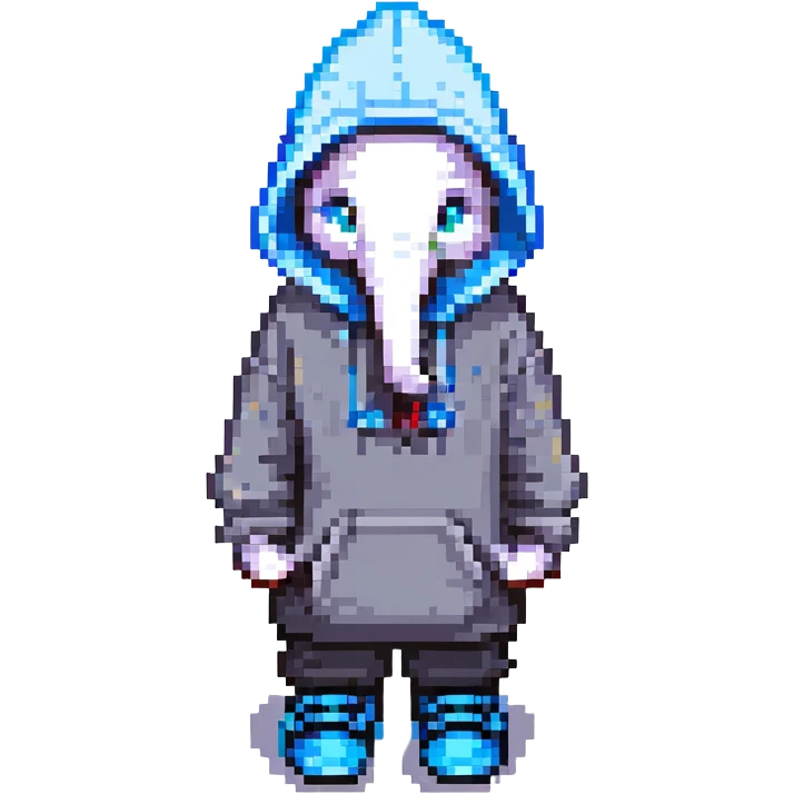 pixel art kid in a hoodie, elephant peeking from hoodie, black shoes, top hat, blue eyes emoji