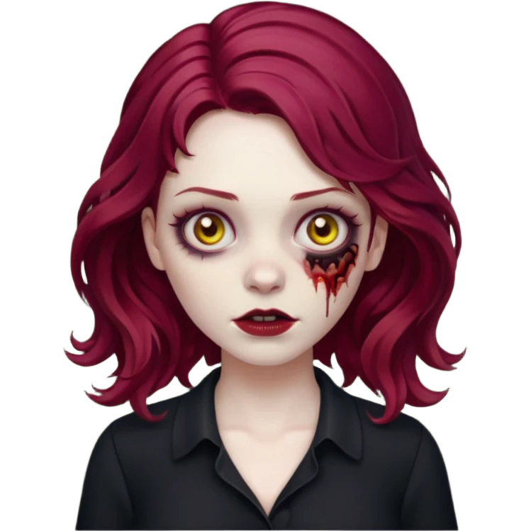 Faça me um emoji de um zumbi mulher de cabelos vermelho borgonha ondulado usando uma blusa preta emoji