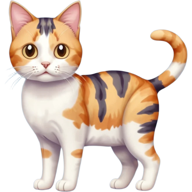 full body anxious looking colourful patchy calico tabby cat with tiny head to large body with fully white front legs emoji