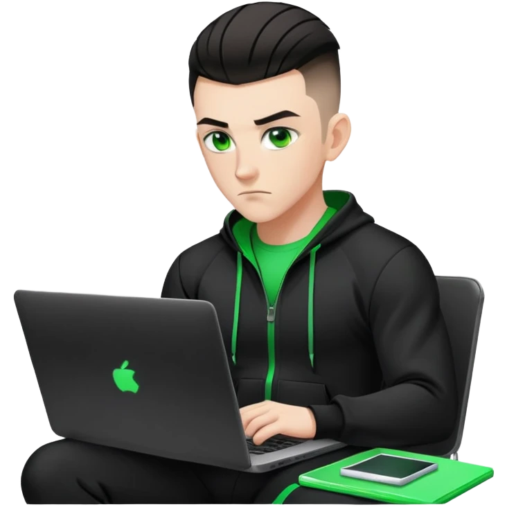 white male with dark hair, wearing a black MMA tracksuit, high fade haircut, slick back hairstyle, green eyes, green aura, coding on black laptop emoji