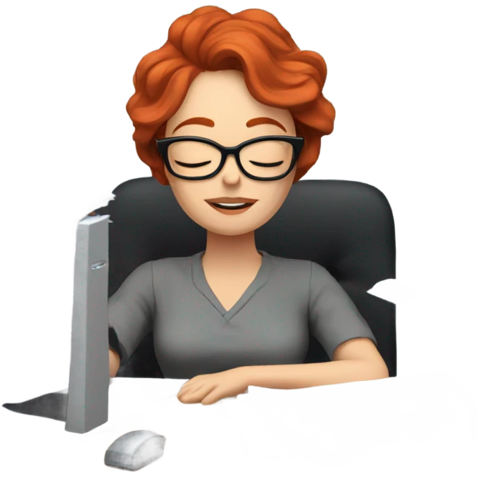 red hair woman nutritionist wearing glasses sleeping desk monitor stack paper emoji
