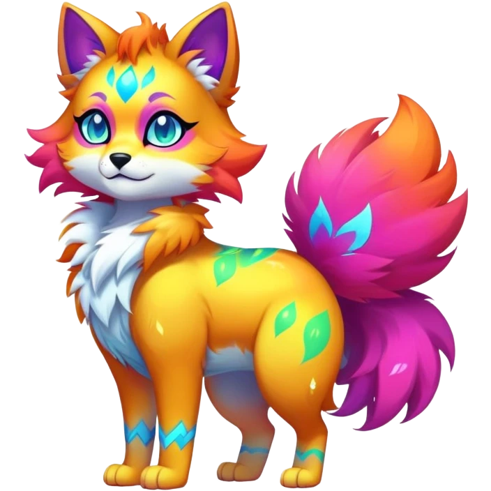 Vibrant multicolored neon-colored Falvie-Fionbri-creature-sparkle-feline-canine-hybrid-fursona, full body emoji