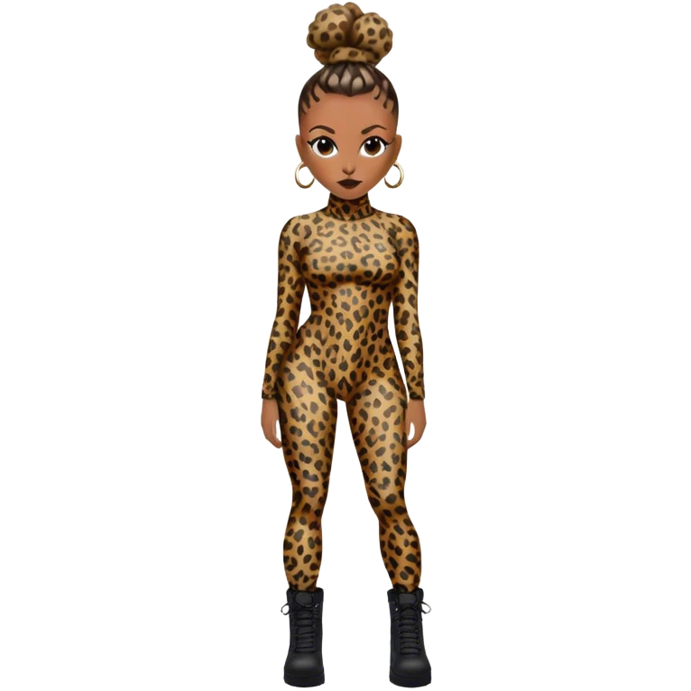 Melanie Brown with topknots in her hair wearing a tight leopard print two piece bodysuit and combat boots emoji