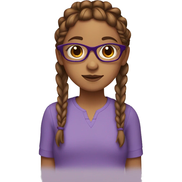 Girl with 2 brown french braids, brown eyes, glasses, and a purple shirt emoji