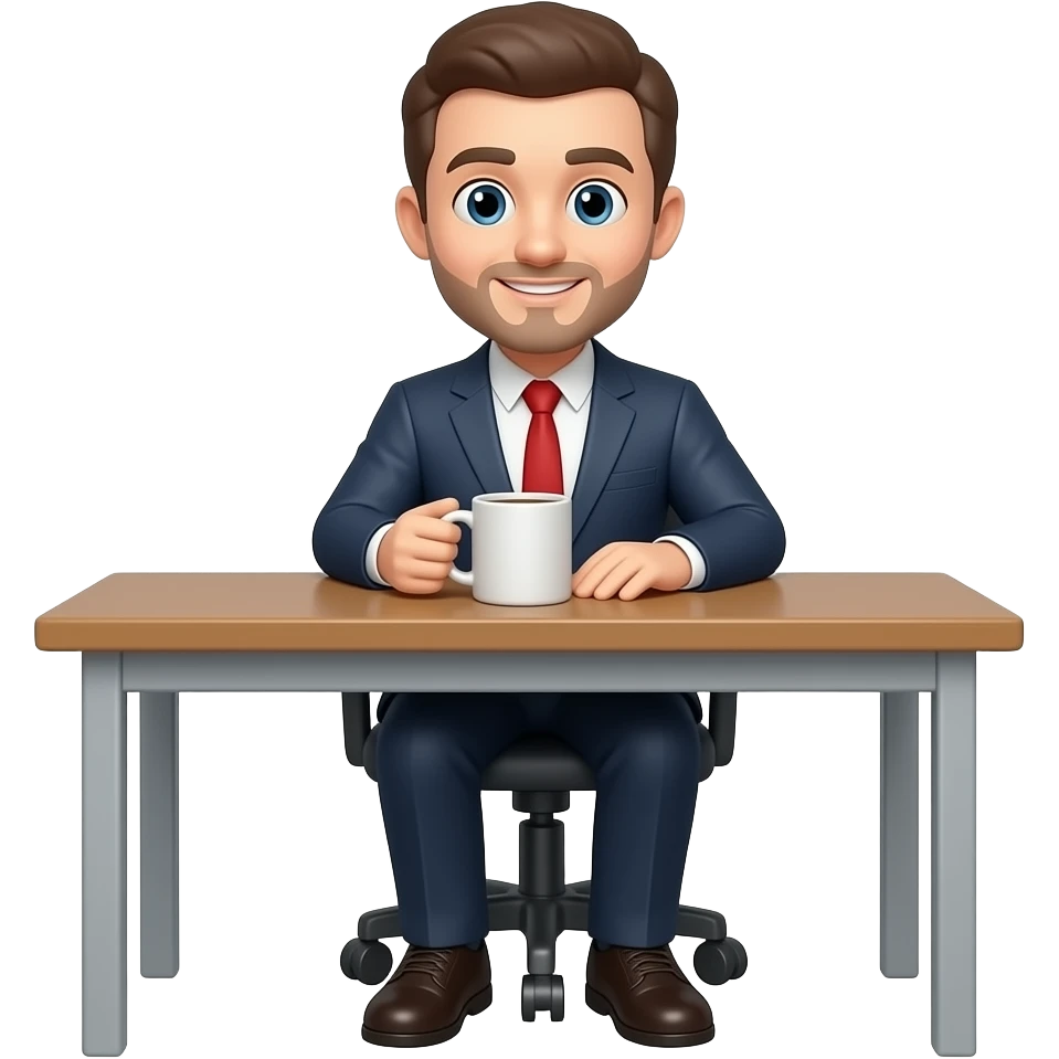 Genera un personaje de r de cuerpo completo sentado en un escritorio con una emoji