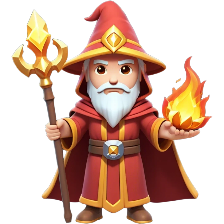 Clash of Clans aesthetic: Cinematic heroic powerful fire Wizard Hero  close up Emoji, rendered in a 3D vector-style similar to standard emojis with minimal shading and bold, simplified shapes. A compact, isometric figure draped in flowing enchanted robes and wielding a mystical staff, softly glowing with an arcane magical charm. Simplified yet unmistakably iconic, highly detailed and consistent, glowing with a soft radiant glow and high shine. Stylized with a touch of whimsical sorcery and a soft glowing outline, capturing the essence of a powerful wizard ready to cast spells with a friendly, playful spirit! emoji