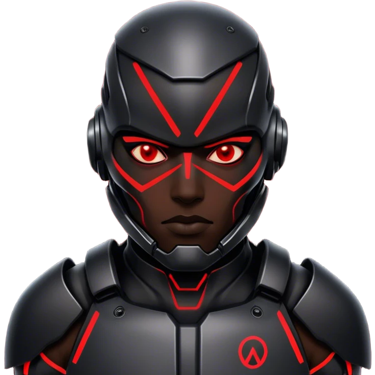 A cyber-warrior with a half-metallic face, neon red lines tracing his black armored skin emoji