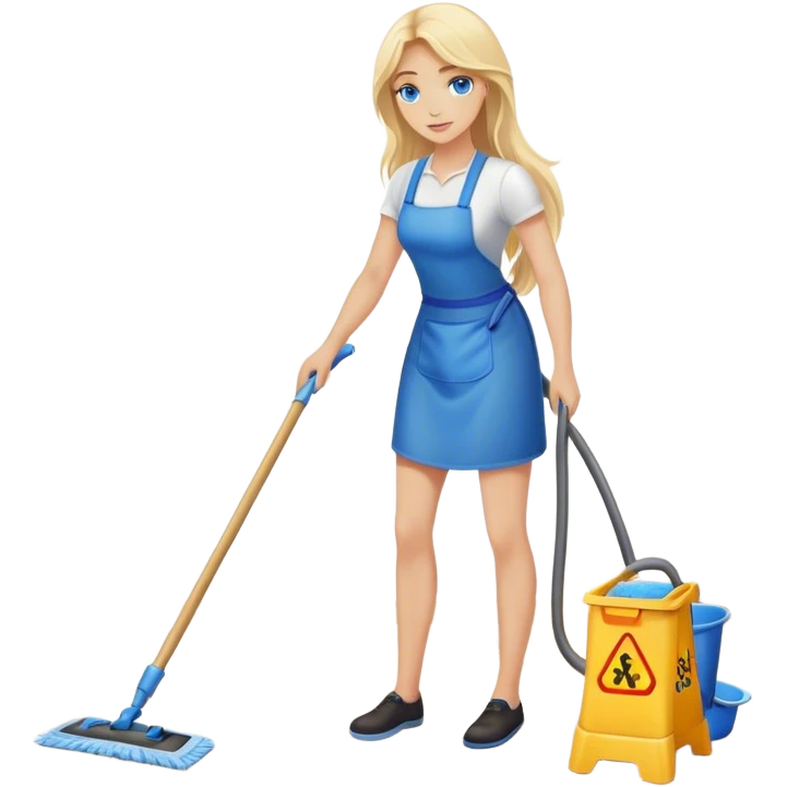 Cinematic realistic blonde with long hair, blue eyes cleans floors emoji