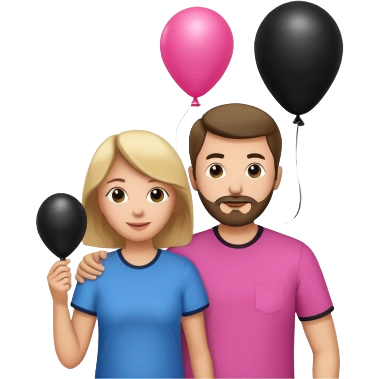 Mom in pink shirt dad in blue shirt holding black baloon happy 1 baloon emoji