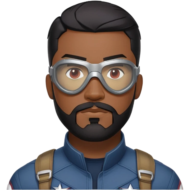 sam wilson have a short, neatly cropped black hair. It is evenly trimmed and close to the scalp, maintaining a clean and military-inspired and  a well-groomed beard that connects to his mustache,  wear sleek, red-tinted tactical goggles fit snugly from captain america: civil war emoji