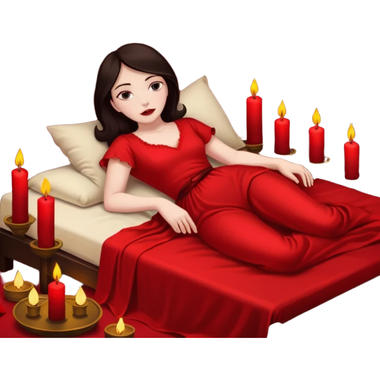 Low bed, red sheets, candles everywhere, woman reclining in shadowed control emoji
