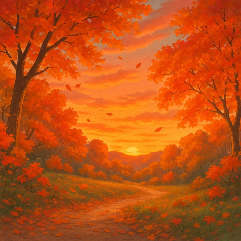 fall season sunset with vibrant autumn colors, colorful leaves, cozy atmosphere in ghibli style emoji