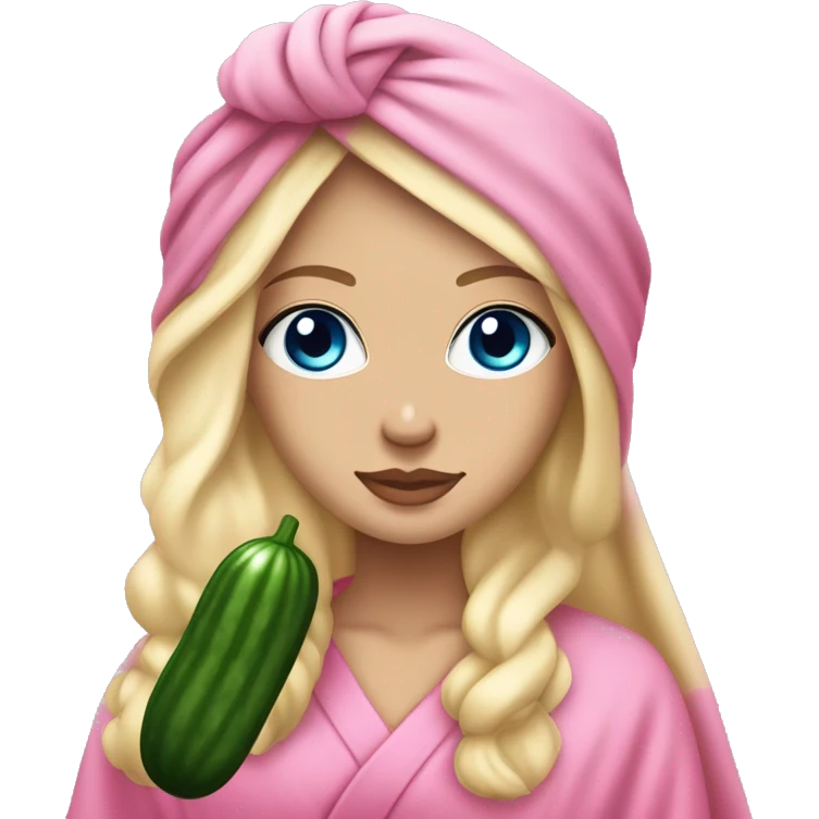 White girl with long blonde hair and blue eyes and pink lips with a spa towel on her head and a robe on with cucumbers on her eyes emoji