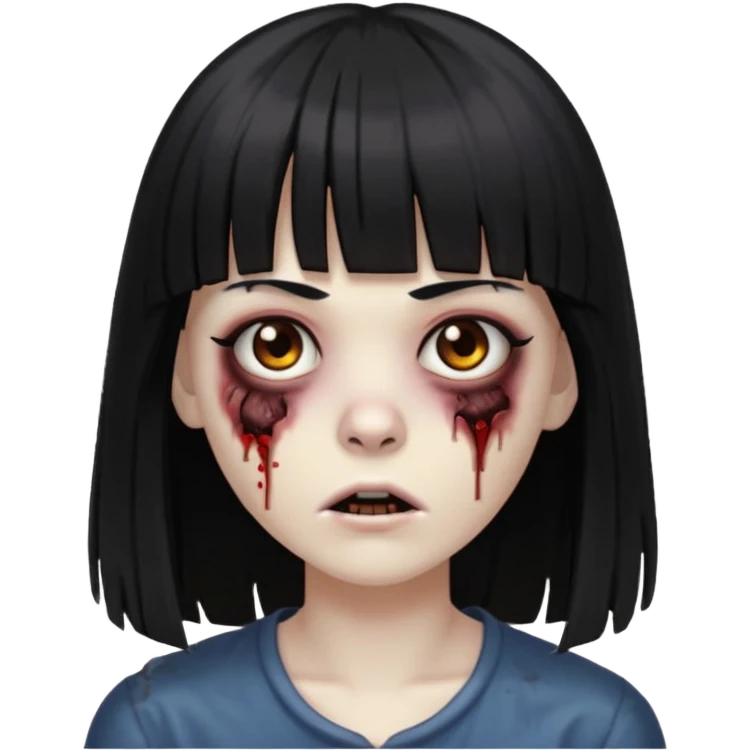Uma zumbi com os cabelos pretos, mediano, liso e com franja, olhos castanhos emoji