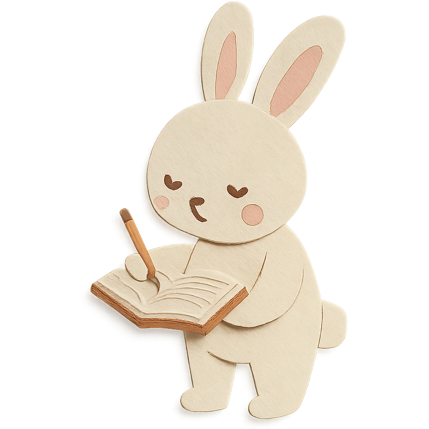 highly detailed, high quality paper craft style illustration of a cream-colored bunny standing and writing in a planner, intricate textures, soft lighting, delicate cut-paper details emoji