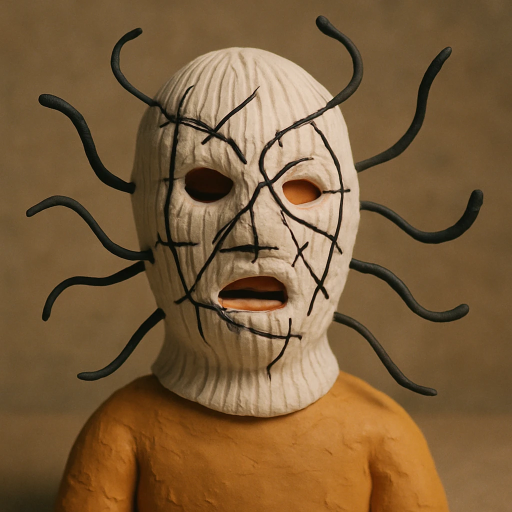 The mask is a full-head, white knitted balaclava with a tight ribbed texture. It features two asymmetrical eye openings and a partially exposed mouth area. Black thread is stitched across the surface in chaotic, abstract lines that trace facial features, giving a hand-drawn effect. Several black cords extend outward from the mask, varying in length and direction, adding a sculptural, almost organic appearance. The overall look is bold, handcrafted, and visually striking. emoji