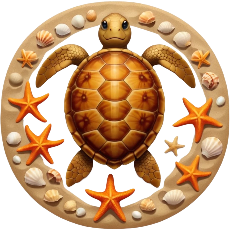 turtle, starfish, and shells together on sandy beach, top-down view, apple emoji style, unique variation emoji