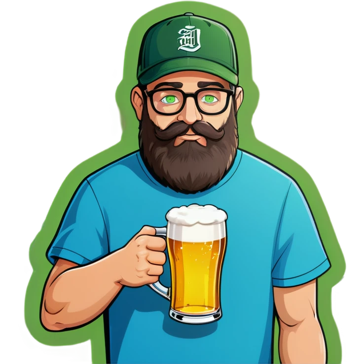 A man with a grey baseball cap, green eyes, big dark brown beard and glasses, drinking beer emoji