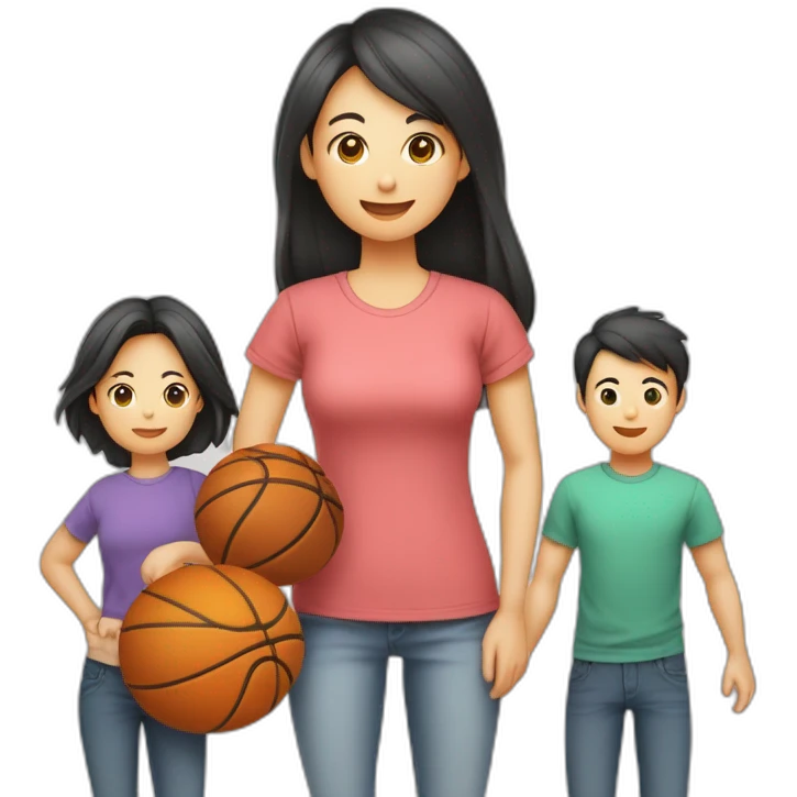 Famille 4 personne 1 fils aîné avec un t-shirt de basketfille cadette au cheveux long 1 père asiatique 1 mère emoji