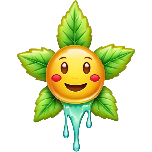 generate an emoji-style image of a juicy gummy shaped like a marijuana flower, make it colorful and with liquid dripping out emoji