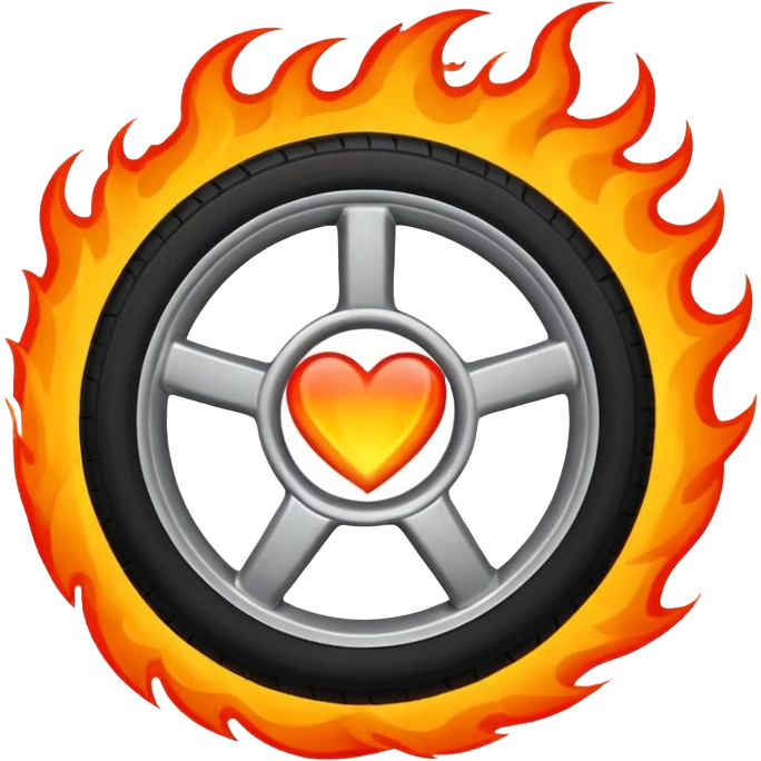 a car wheel on fire, and in the center of the wheel (instead of the car icon) there is a red flaming heart emoji