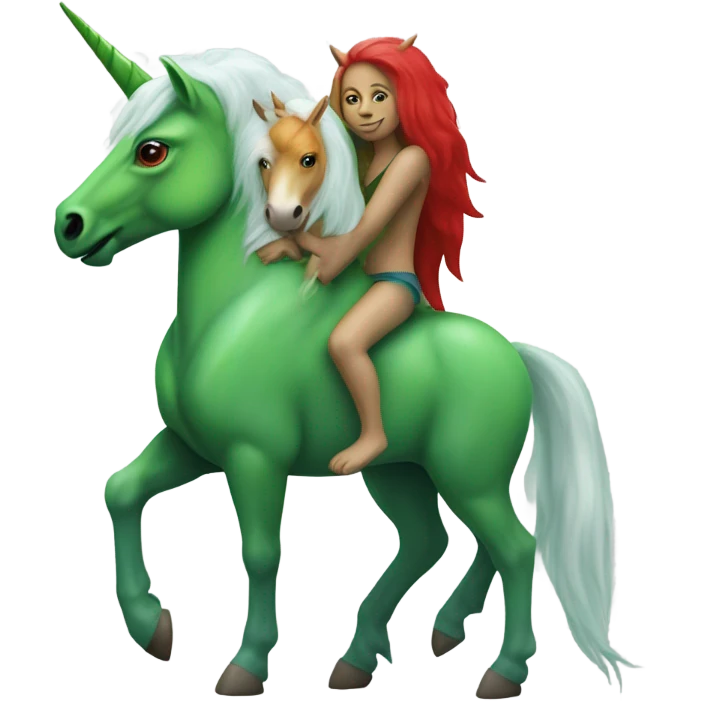 four-legged green unicorn white. a red amazon alien woman, on a unicorn emoji