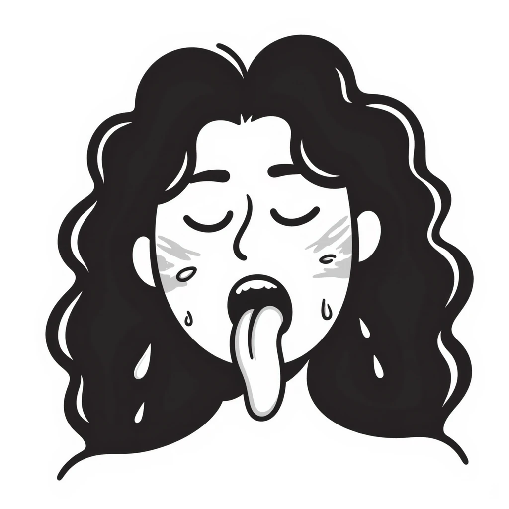 surprised disgusted woman with long messy curly black hair, thick goopy white liquid on cheeks, lips, tongue, tongue out, eyes shut, gunk dripping and matting hair emoji