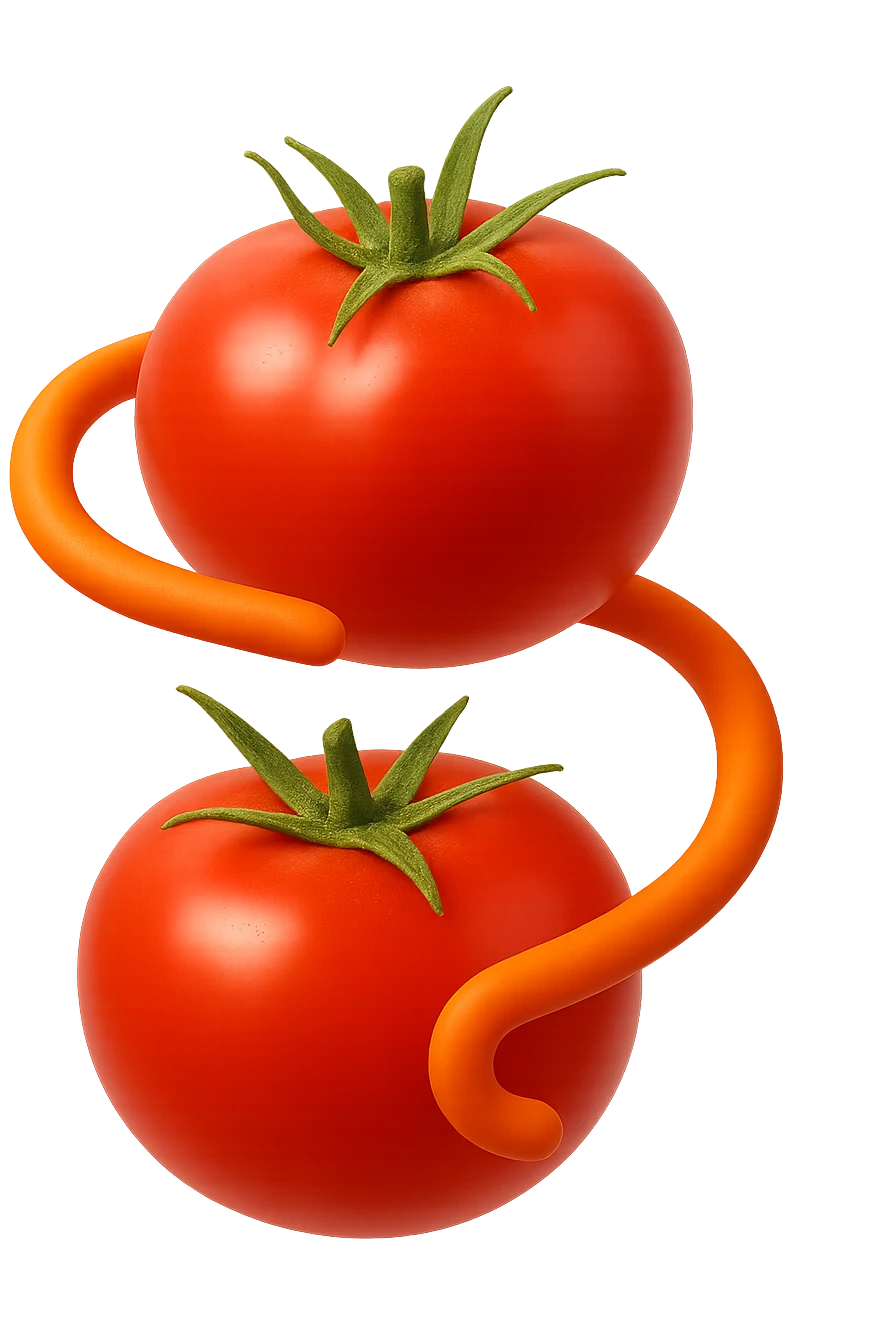emoji stile iphone di pomodori che fluttuano in aria con colon attorcigliato intorno, iperrealistico 4k, isolato su sfondo bianco emoji